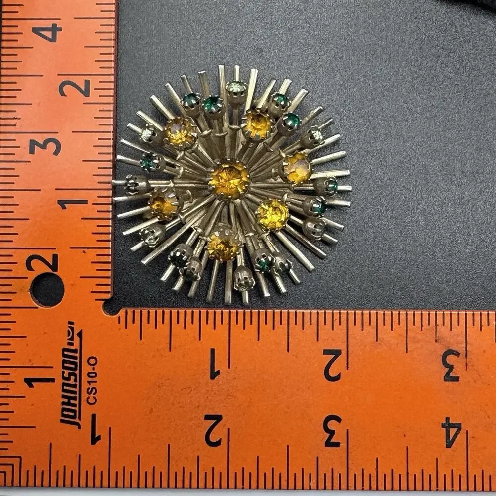 Vtg Atomic Starburst Fireworks Cluster Burst Brooch Uranium Glass Rhinestones